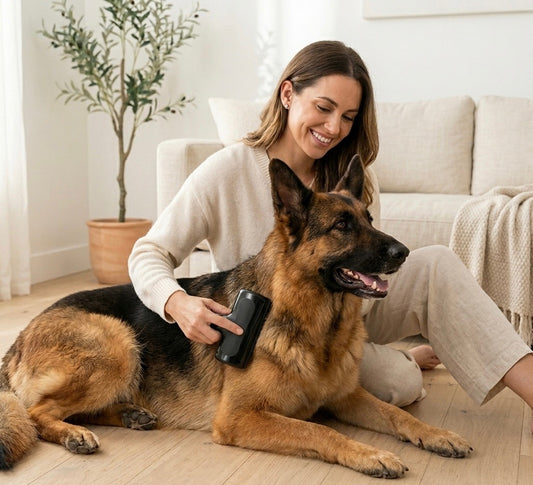 Woman shedding a German Shepherd dog in a living room.